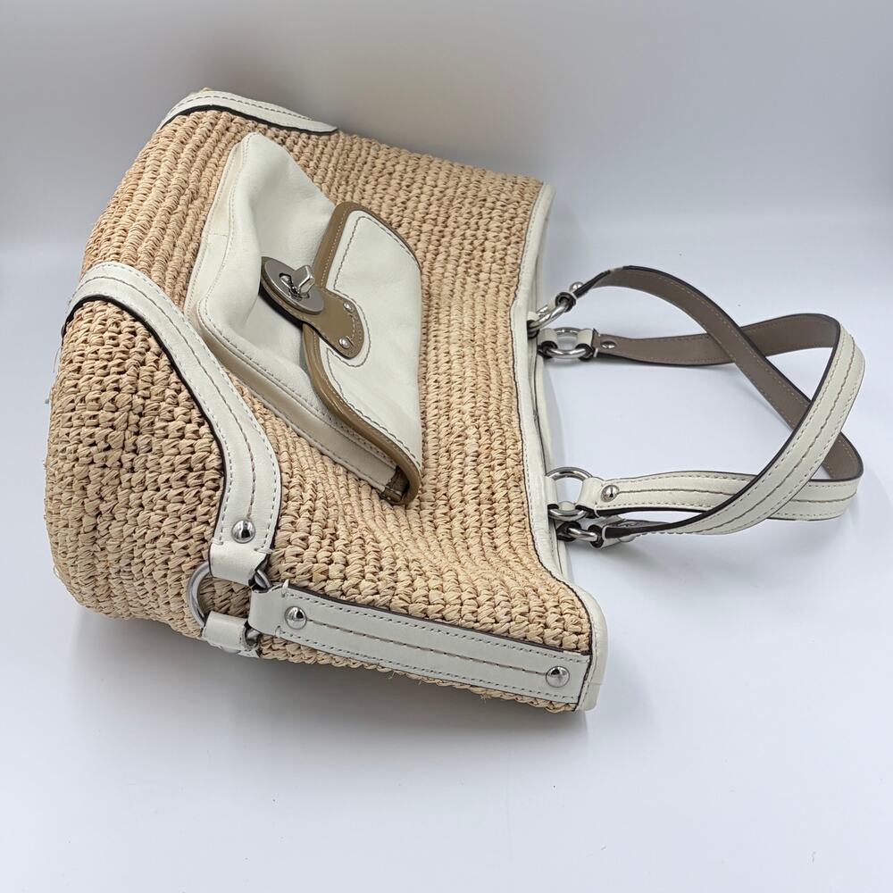 Coach Legacy Woven Raffia Straw Tote White Leather Trim Shoulder Bag Large - Picture 5 of 11